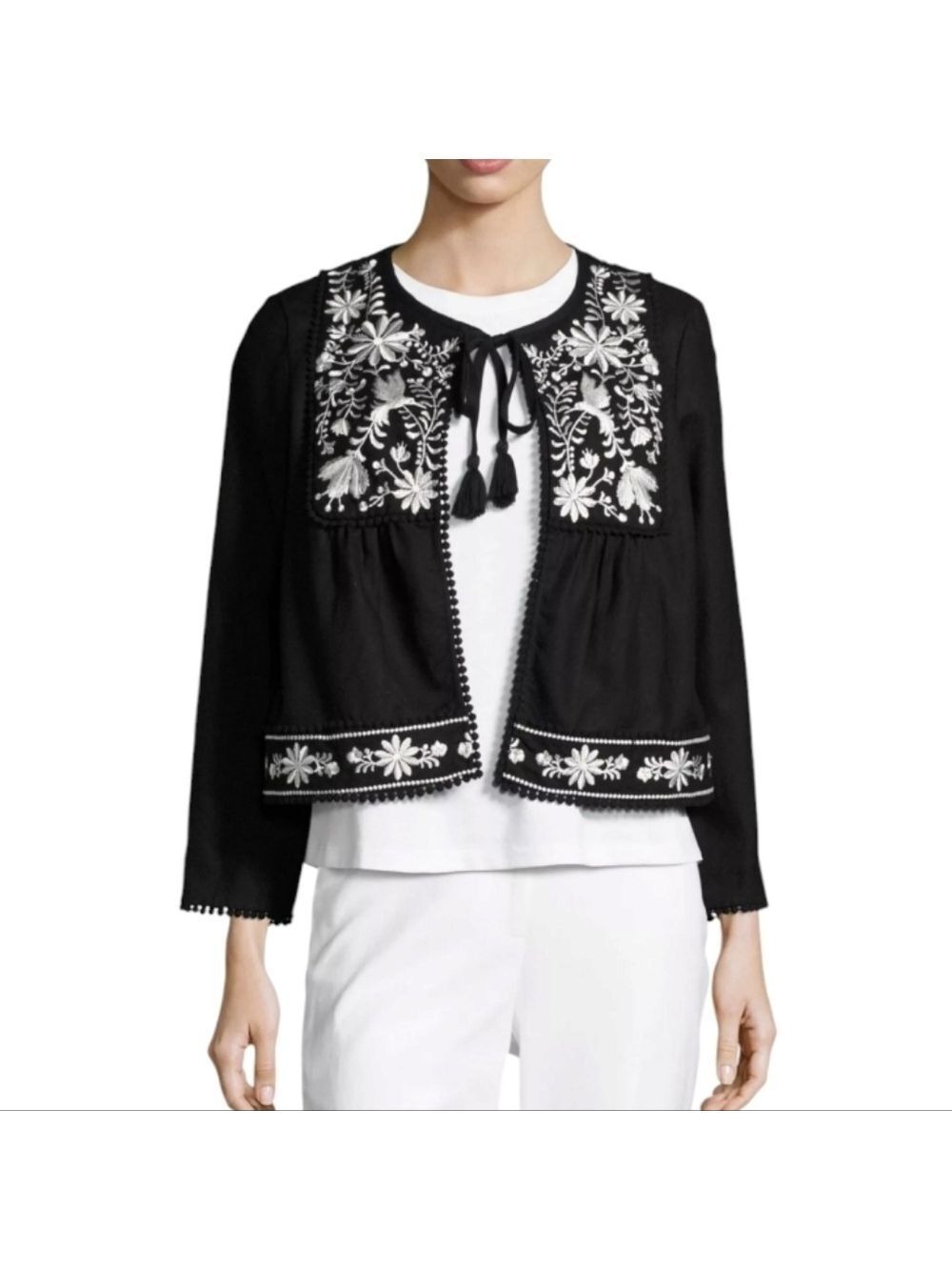 Kate Spade Linen Blend Crop Jacket Womens XXS Black Floral Embroidery